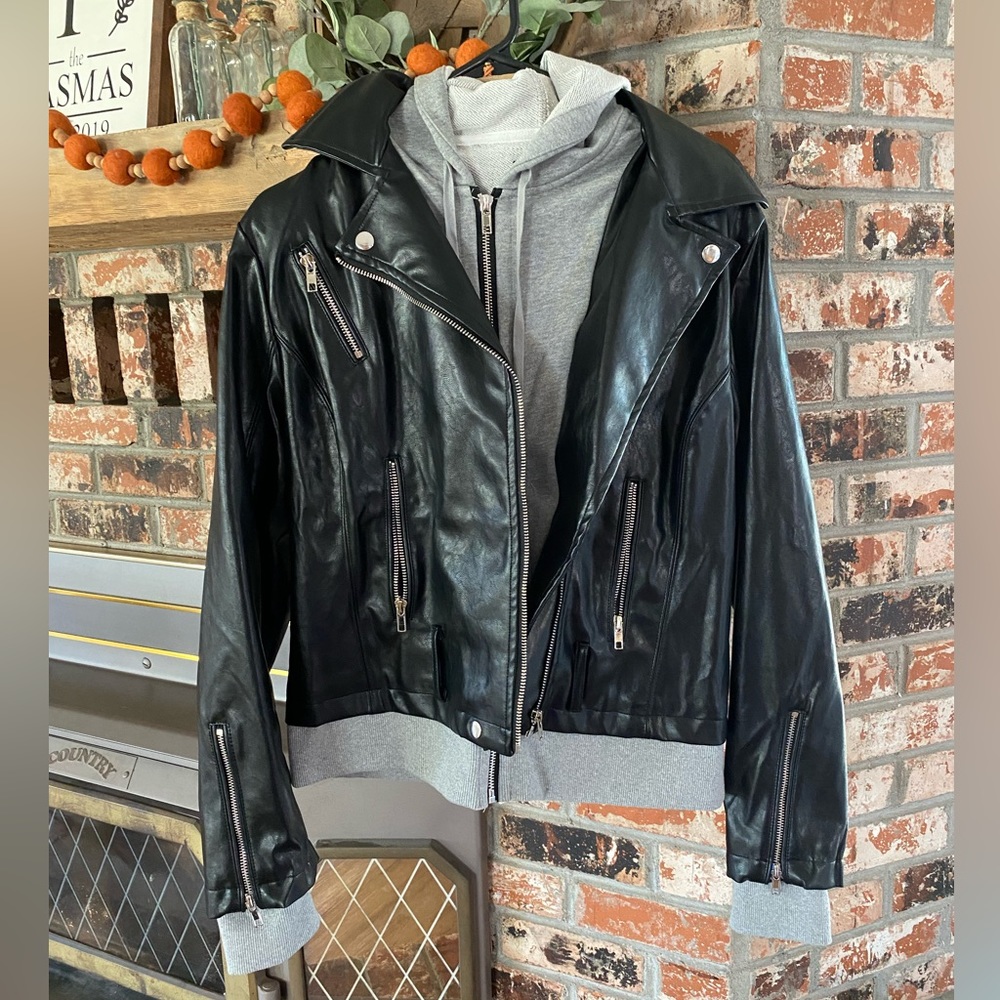 Vici - Faux Leather Bomber Jacket - Black/Grey - Large